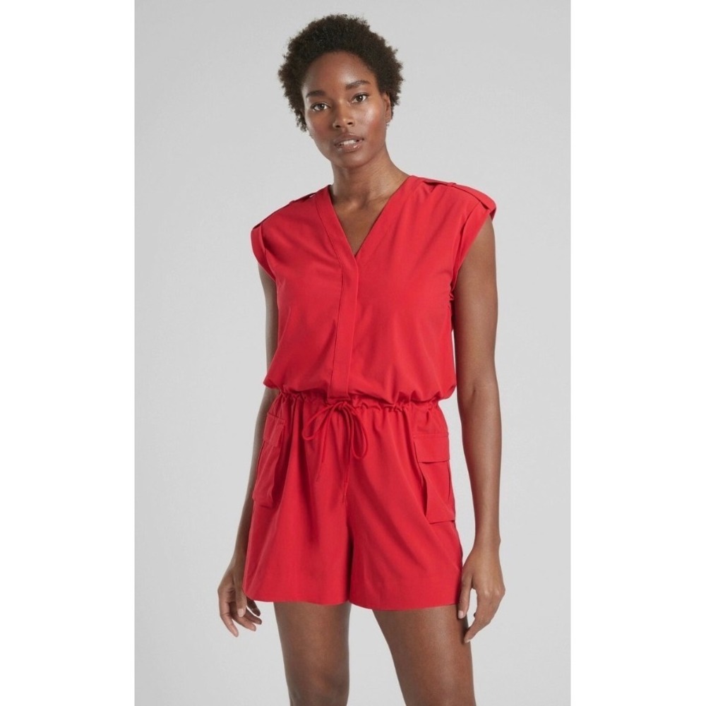 Athleta Sutton Women Red V-Neck‎ Drawstring Waist Utility Romper Size 2